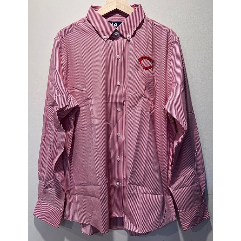 CUTTER & BUCK CINCINNATI REDS MENS PINSTRIPE LONG SLEEVE DRESS SHIRT Large